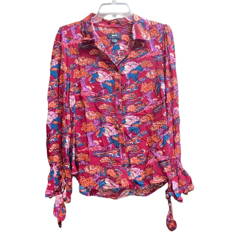 Anthropologie Maeve 8 Darla Floral Crane Bird Blouse Button Front Top - Picture 2 of 7